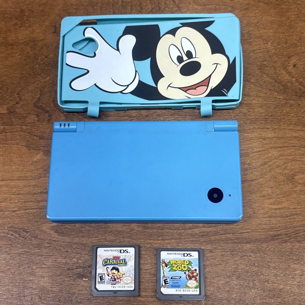 Nintendo DSi Blue Handheld Console System W/Stylus And Games And Mickey Case